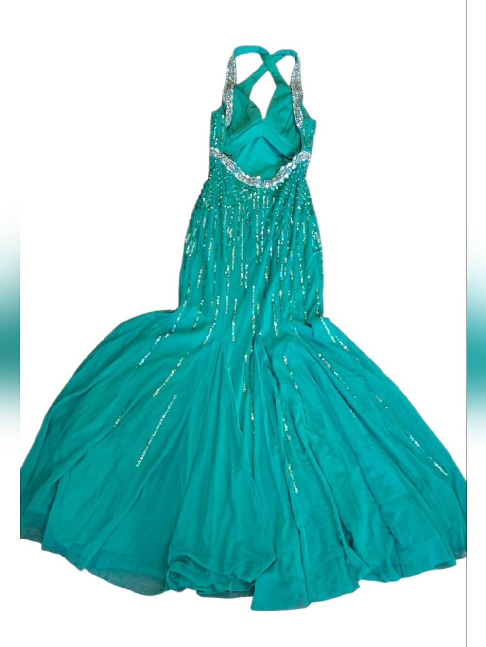 Sean Collection Teal Sequin Rhinestone Halter Mermaid Gown – Size S #115